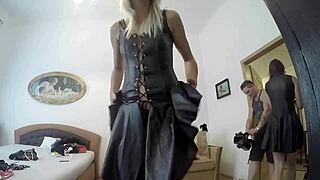 Girls Backstage Try On Lingerie And Leather Dresses Without Panties