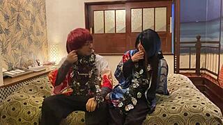 Mature wife in costume on Halloween day