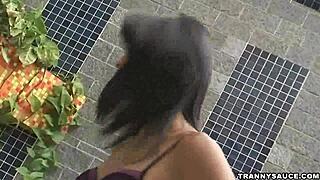 Brazilian shemale feels intense pleasure tugging her cock