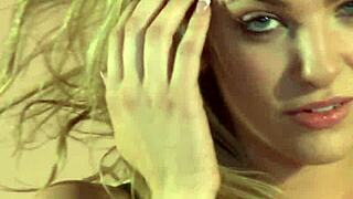 Slutty blonde gets busy with her hands on a table