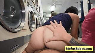 Sexy teen 18+ Nikki Mars fucked at the laundromat and rides huge dick.