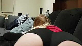 blonde teen twerking her big ass nude on the sofa, teasing with striptease