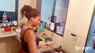 In the kitchen where the wild sex began with Myllena Rios. Ebony pornstar gets cum in lesbian scene.