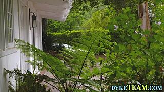 Lesbian milf casually uses strapon on teen with small tits