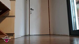 Nippleringlover's hot mom in jeans and high heels showcases her pierced pussy and asshole with big nipple rings and chains