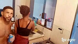 In the kitchen where the wild sex began with Myllena Rios. Ebony pornstar gets cum in lesbian scene.