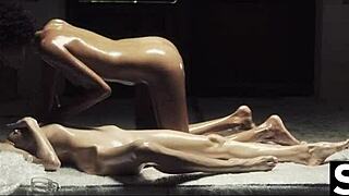 Black beauty and sexy blonde oil each other up