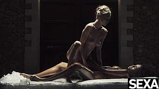 Black beauty and sexy blonde oil each other up