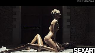 Black beauty and sexy blonde oil each other up