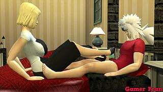 Bulma and 17 ask Jiraiya about dancing his cock hard for trio 😏