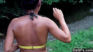 Dagfs couple films girlfriend teasing boyfriend outdoors in skimpy bikini. What’s her next move?