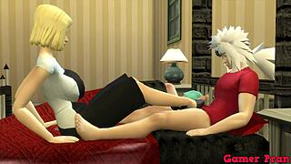 Bulma and number 17 invite Jiraiya for a steamy threesome in this anime Hentai video