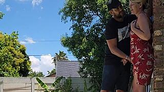 outdoor quickie with blonde babe caught by neighbor over wall