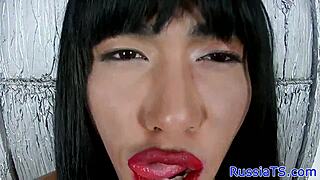 A Russian TRANSSEXUAL enjoys herself sexually with a dildo