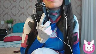 I roleplay as DVA in Overwatch cosplay with my naughty gamer friend, teasing her big tits and cum