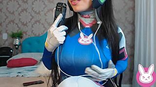I roleplay as DVA in Overwatch cosplay with my naughty gamer friend, teasing her big tits and cum
