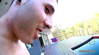 busty european babe speaks dirty by the pool