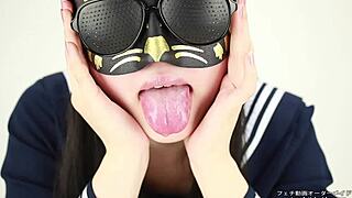 Tongue spit fetish explored with Japanese babe’s wet saliva