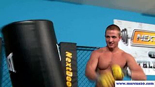 Muscle stud finishes intense workout and relaxes