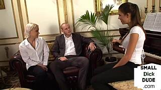 Kinky British Dominas Tugging Micro Dick From Worthless Sub in Wild Femdom Group Action.