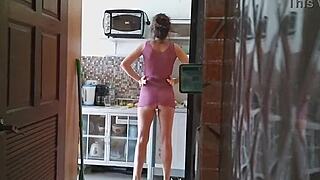 Morning cleaning in transparent dress with close-up panties