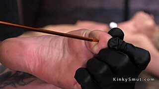 blonde milf feels intense pain as nipples get tortured in rough bondage.