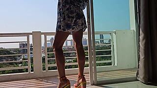 three hot brunettes try wild piss positions for close-up action on hotel balcony