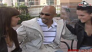 Two skinny dark haired girls share a bbc in a ffm threesome