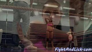 muscular lesbian babes fightin hard in boxing ring, damn intense