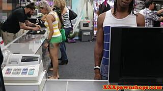 Ebony babe teases pawnbroker with seductive striptease