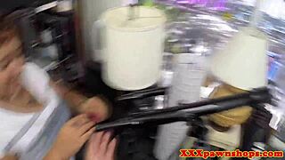 Ebony babe teases pawnbroker with seductive striptease