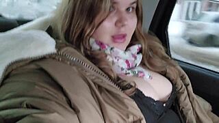Chubby cutie with huge tits plays with a dildo in cab backseat. So juicy!