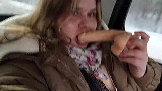 Chubby cutie with huge tits plays with a dildo in cab backseat. So juicy!