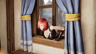 elf thief stuck, getting rough fucked on window 😈