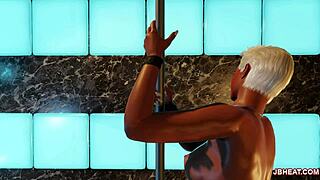 Bold stripper performs intense striptease with clothes ripped, showing juicy body.