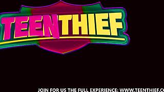 petite teen thief learns lesson with blowjob in shop