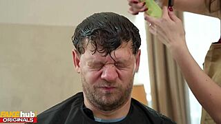 Hairdresser trainee beauty with enchanting hair catches a sexual tryst