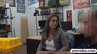 hot woman with glasses spied on in pawn shop