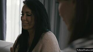 Big cock shemale dominates cute female in hot action.