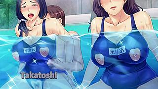 Hentai Neighbors Threesome In Pool! Wives Watch As They Cum Hard!