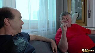 young brunette giving 2 grandpas a wild footjob with cumshot on pussy 😈