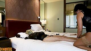 Mistress facesits and edges bound slave in latex. German femdom action.