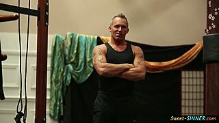 Gym babe sucks on mature cock in a full movie storyline