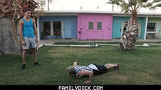 stepbrother interacts with muscular older bro in a group setting