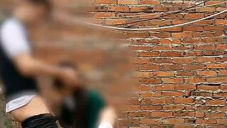 Mexican teen latina babe sucks cock and gets fucked outdoors behind school salons in public sex