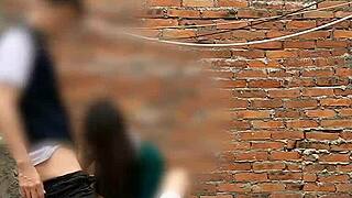 Mexican teen latina babe sucks cock and gets fucked outdoors behind school salons in public sex