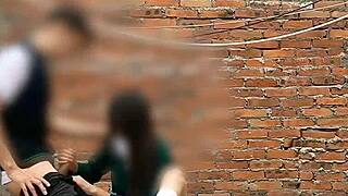 Mexican teen latina babe sucks cock and gets fucked outdoors behind school salons in public sex