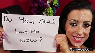Horny bombshell says, 'Give me that jizz load on my face while I suck it all'