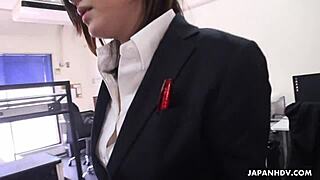 cute ritsuko tachibana gags on a thick rod at the office