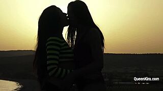 Busty Russian Kira Queen and sexy brunette explore hot lesbo toys outdoors 😍